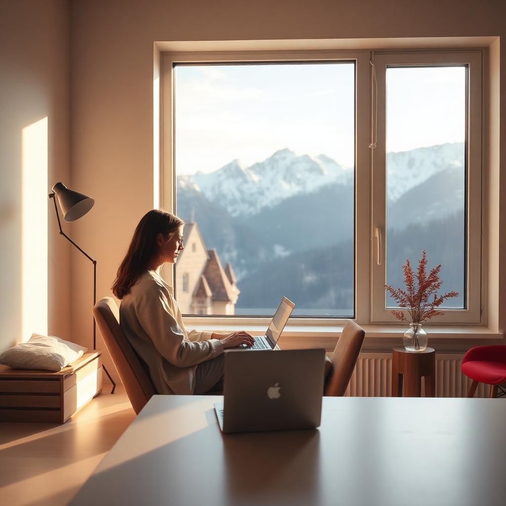 Person arbeitet remote mit Blick auf die Schweizer Alpen